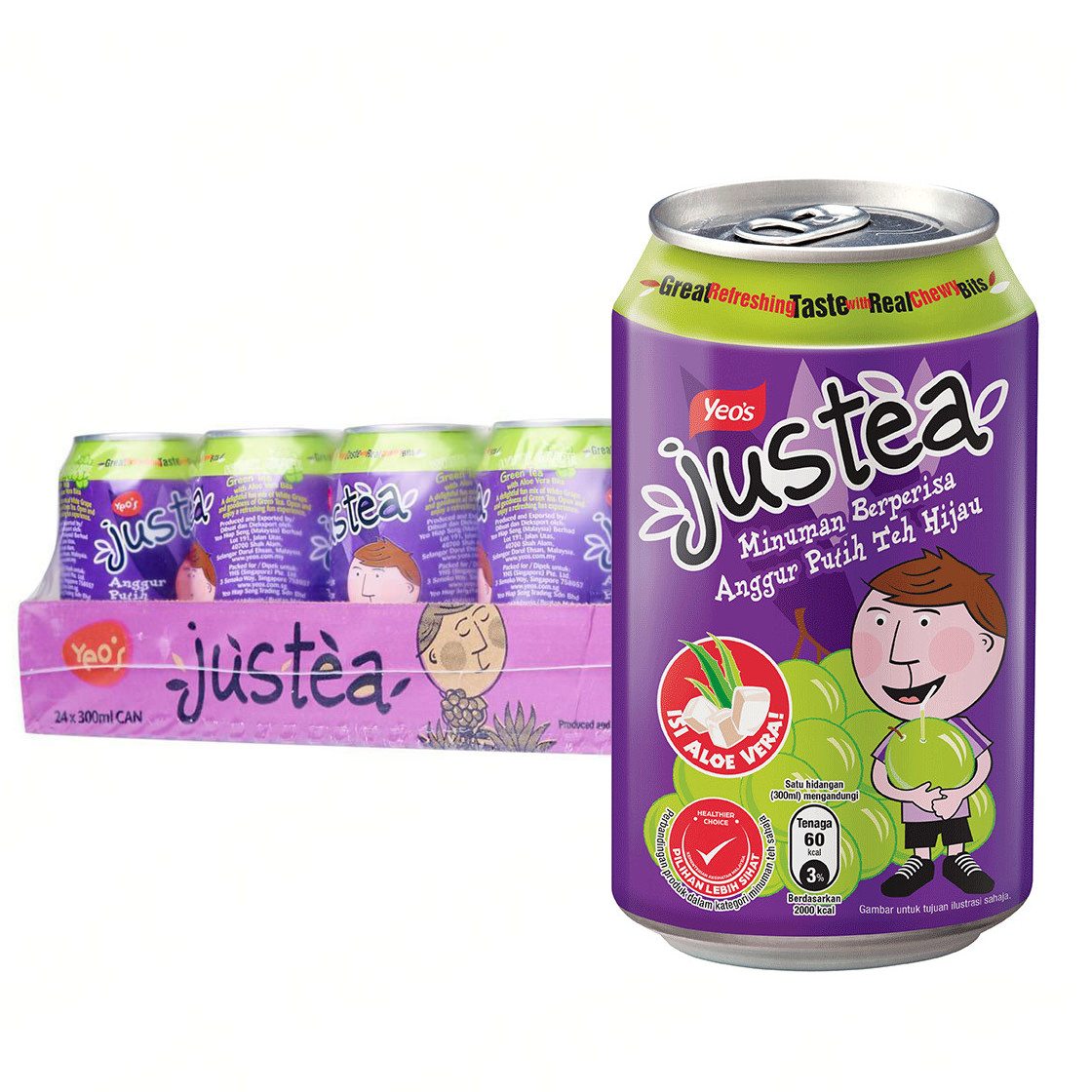 杨协成 芦荟葡萄绿茶 罐装整箱 | Yeo's Justea White Grape Green Tea Case 	24	x	300ml