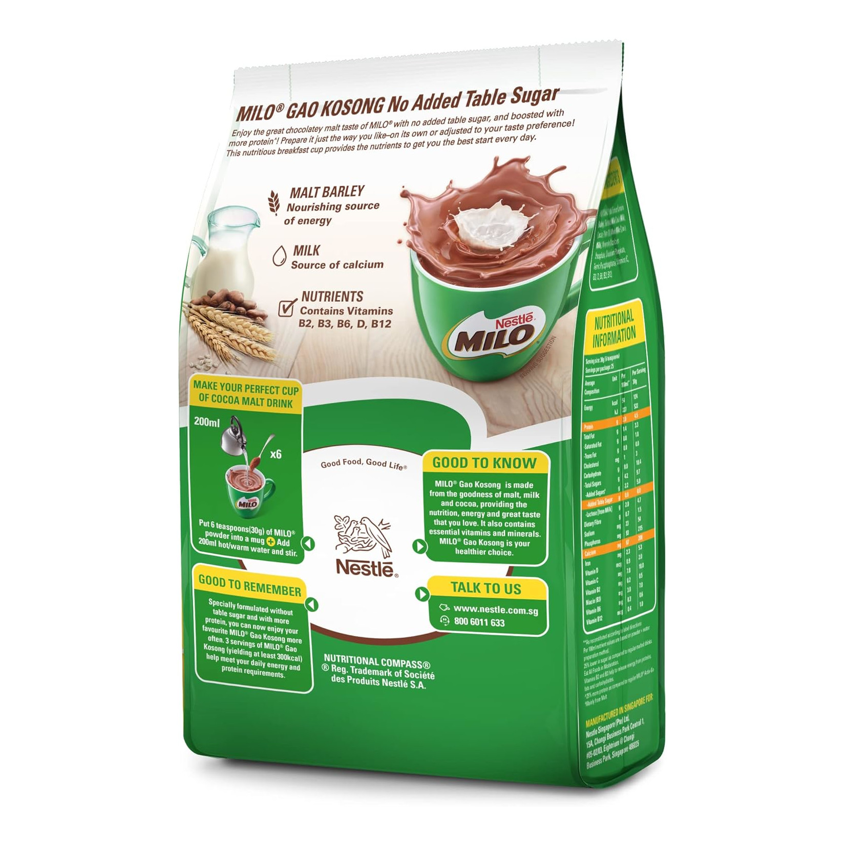 美禄 特浓无蔗糖牛奶麦芽可可粉 补充装 | Milo Gao Kosong No Added Sugar Chocolate Malt Powder With Milk Refill Pack 750g