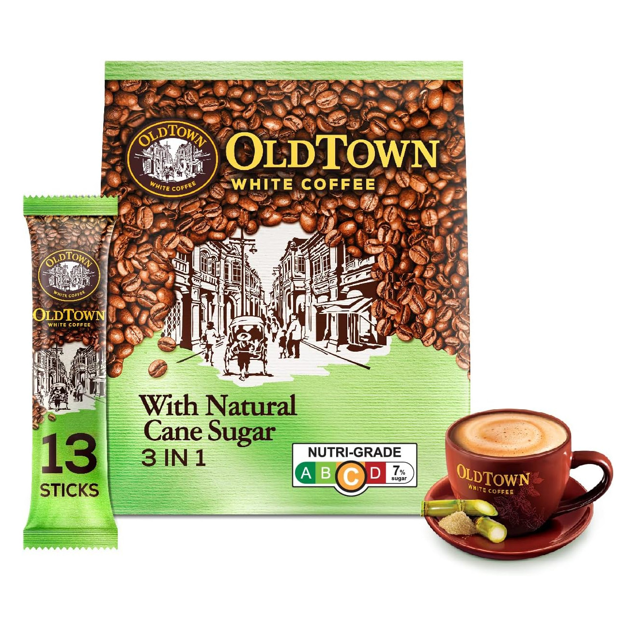 旧街场 天然蔗糖白咖啡 3合1速溶 | Old Town Cane Sugar Instant 3 In1 Premix White Coffee 13 x 36g