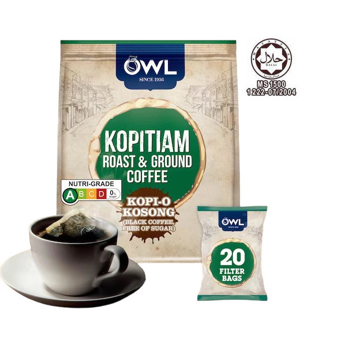 猫头鹰 无糖咖啡乌 研磨袋泡式 | OWL Kopitiam Roast And Ground Kopi - O Kosong Coffee 20 x 10g