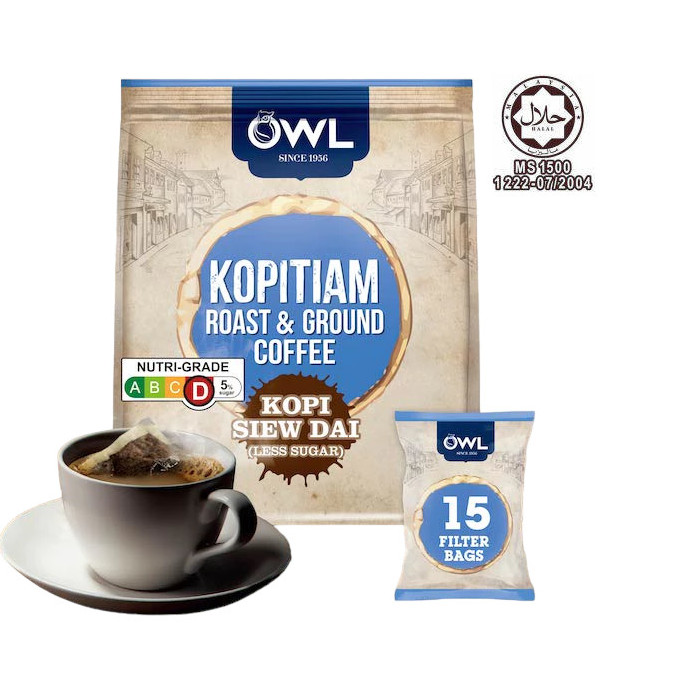 猫头鹰 少糖咖啡 研磨袋泡式 | OWL Kopitiam Roast And Ground Kopi Siew Dai Coffee 15 x 30g