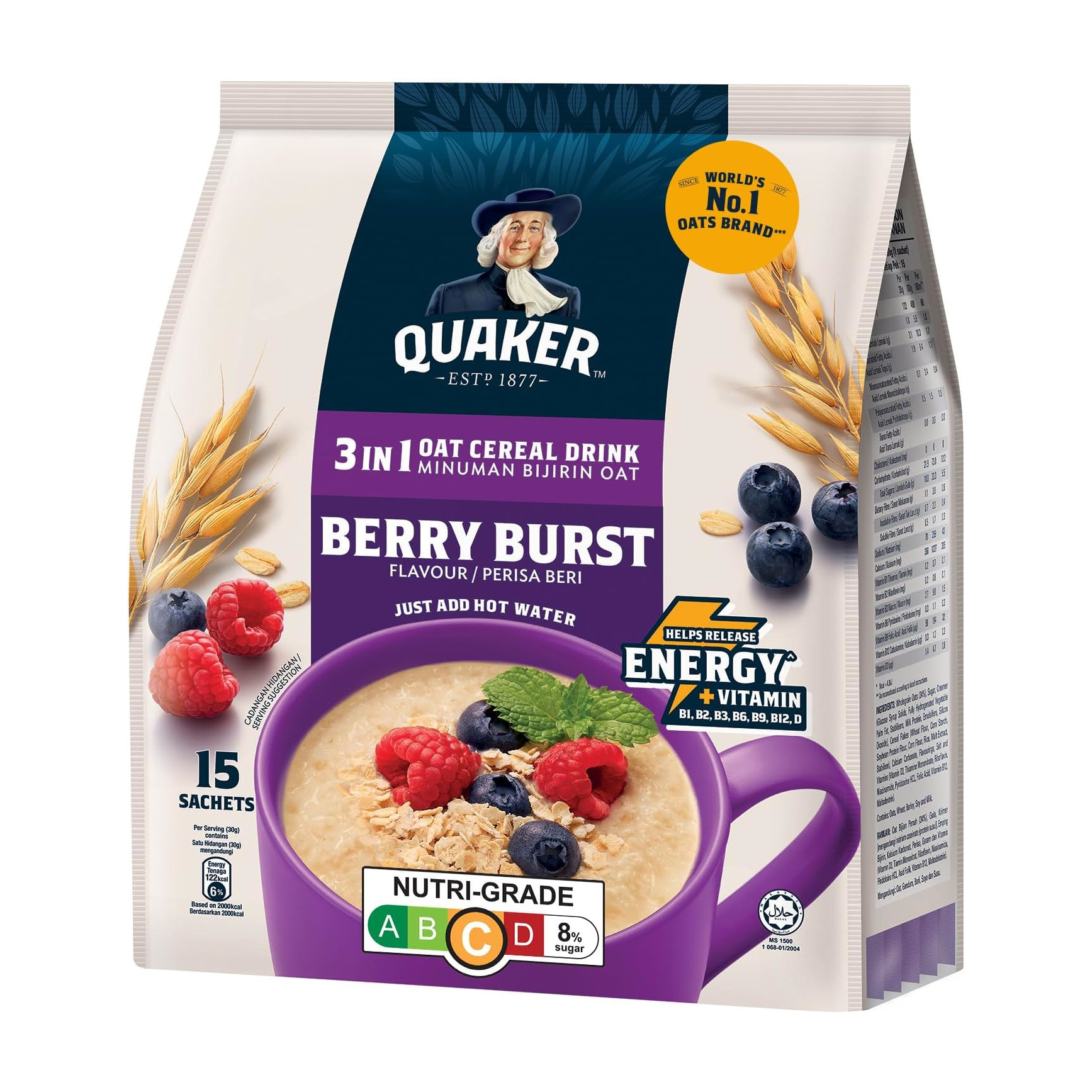 桂格 蓝莓树莓味燕麦片 3合1冲饮 | Quaker 3 in 1 Berry Burst Oat Cereal Drink 15 x 30g