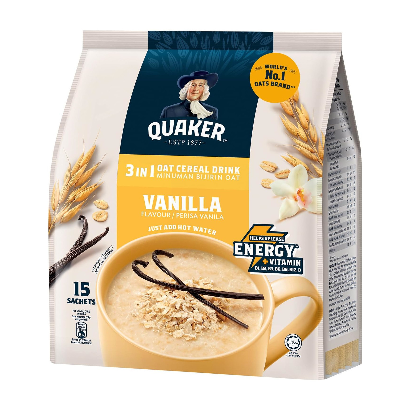 桂格 香草味燕麦片 3合1冲饮 | Quaker 3 in 1 Vanilla Oat Cereal Drink 15 x 28g